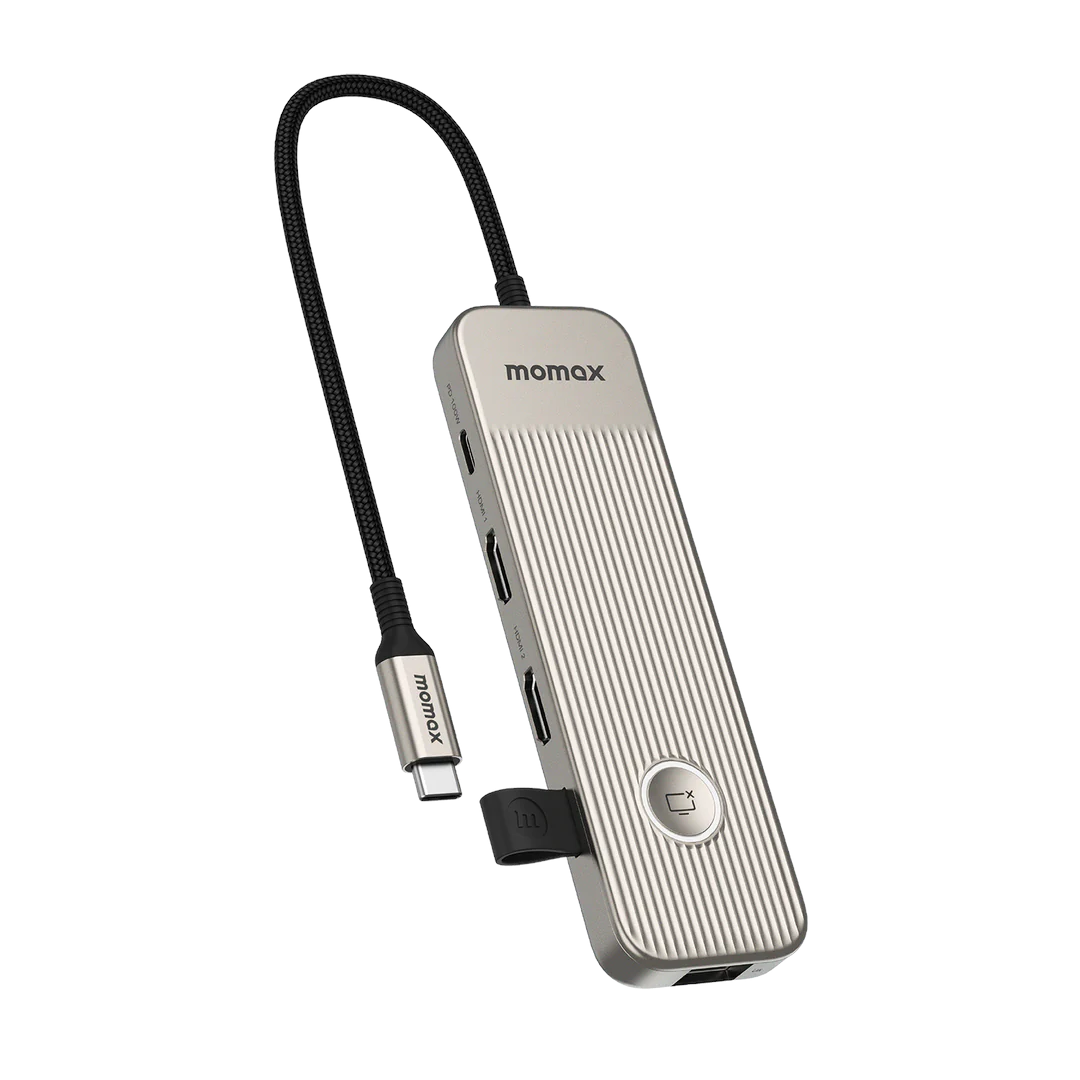 MOMAX 1-Link(w/Screen Lock) Usb-TypeC to 2x HDMI(4K) Adapter w/GigaLan, 2xUsb-A, SD+microSD-slot, PD(100W) #DH19L