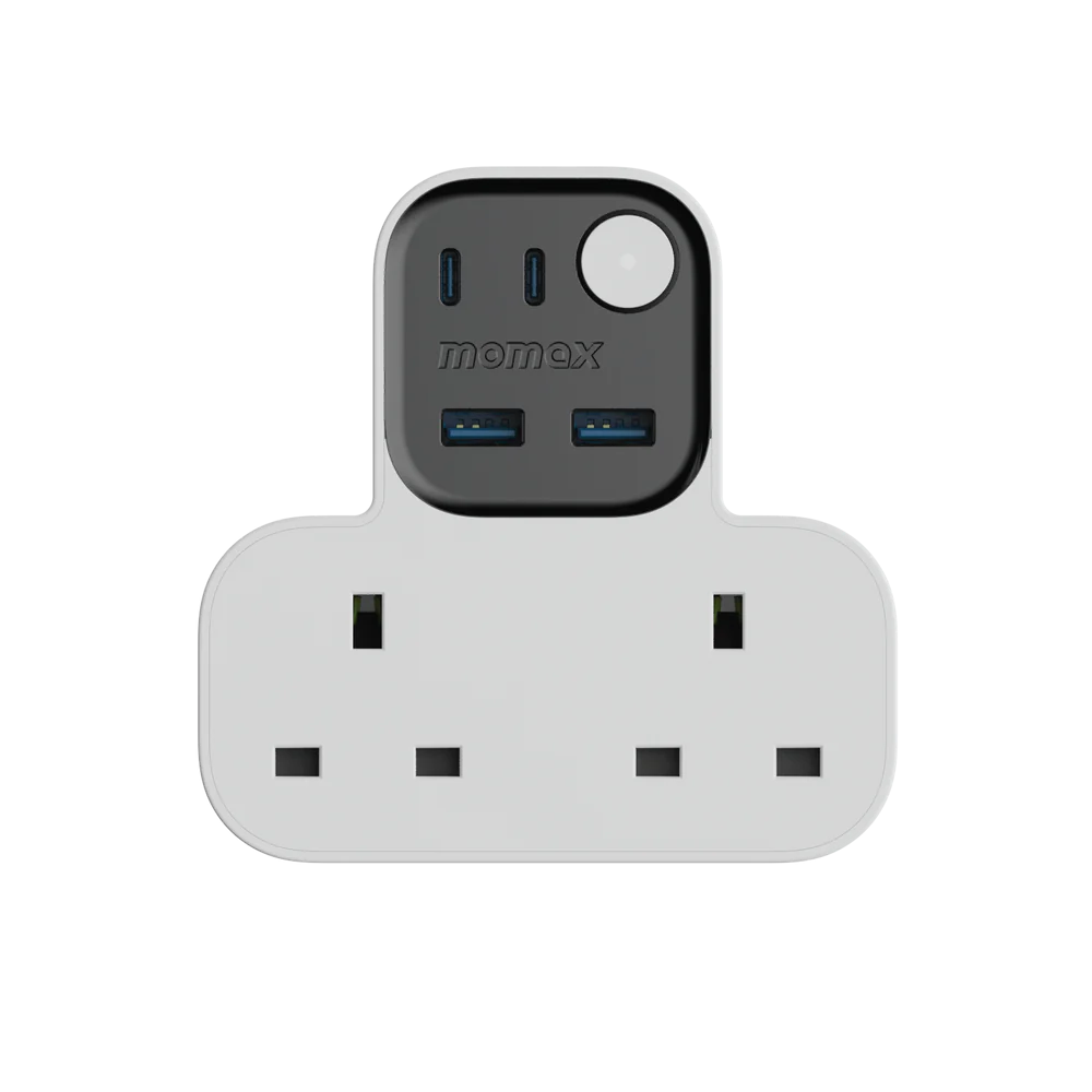 MOMAX 1-Charge Work Flow 2Head T-shaped Extension Socket w/2xUsb,2xTypeC Charger (White) #US17UKW