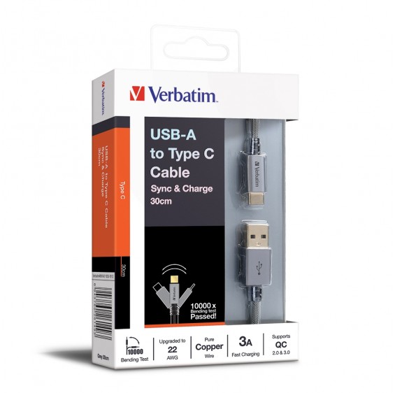 Verbatim 1ft/0.3metre Usb-A to Type-C w/Nylon 22AWG (Grey)