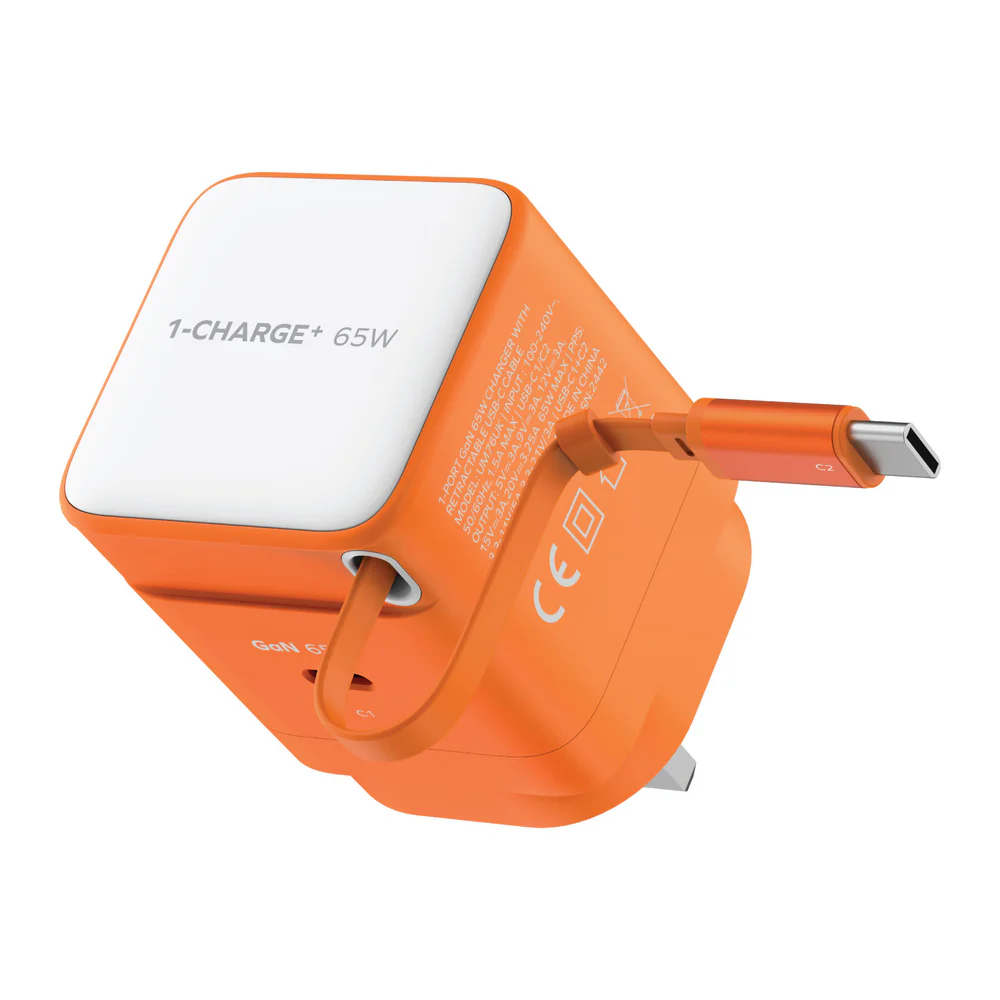 MOMAX 1-Charge+ GaN Usb Charger w/Retractable-TypeC cable (65W, 1port, PD, TypeC, Orange) #UM76UKM