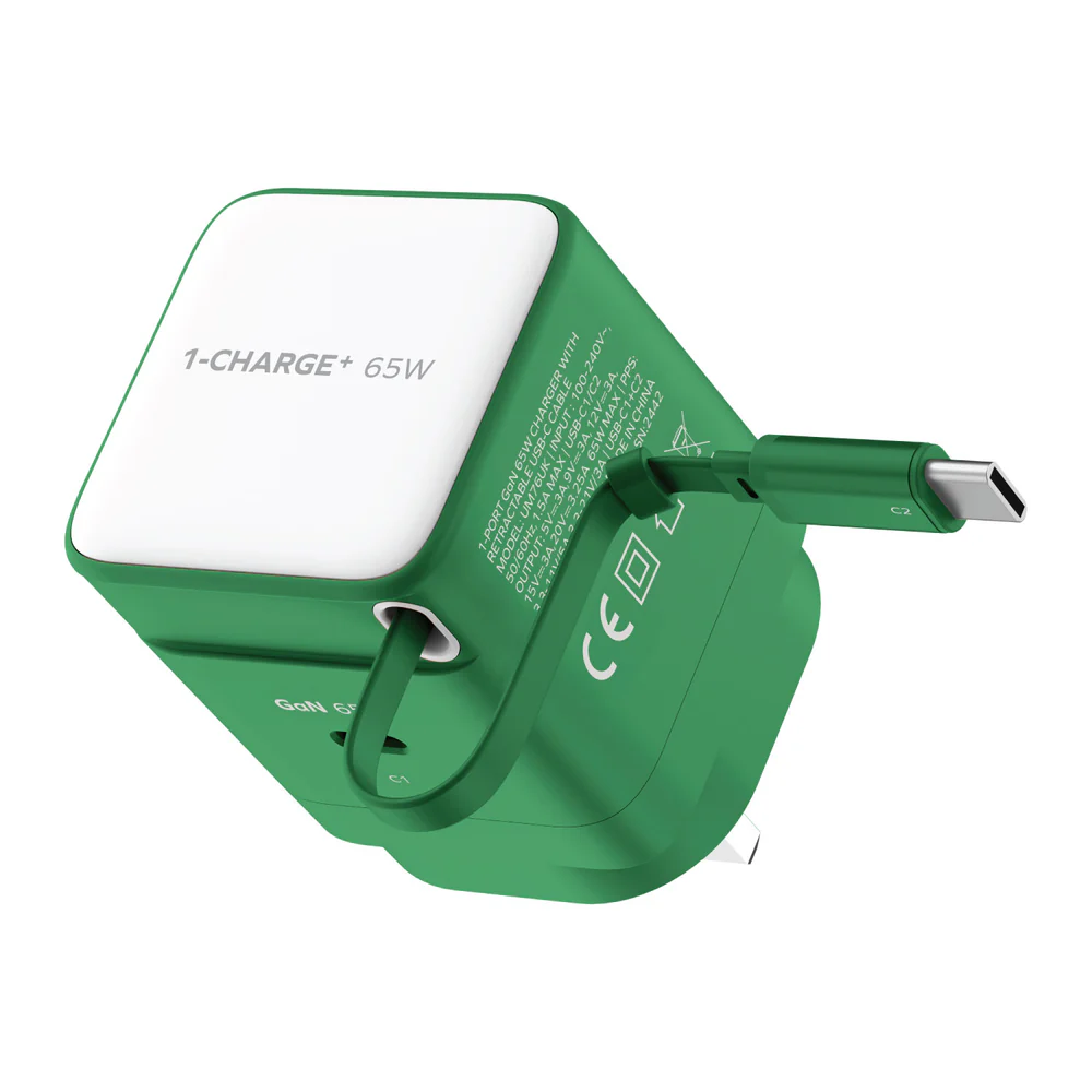 MOMAX 1-CHARGE+ GaN Usb Charger w/Type-C cable (65W, 1port, PD,TypeC, Green) #UM76UKG