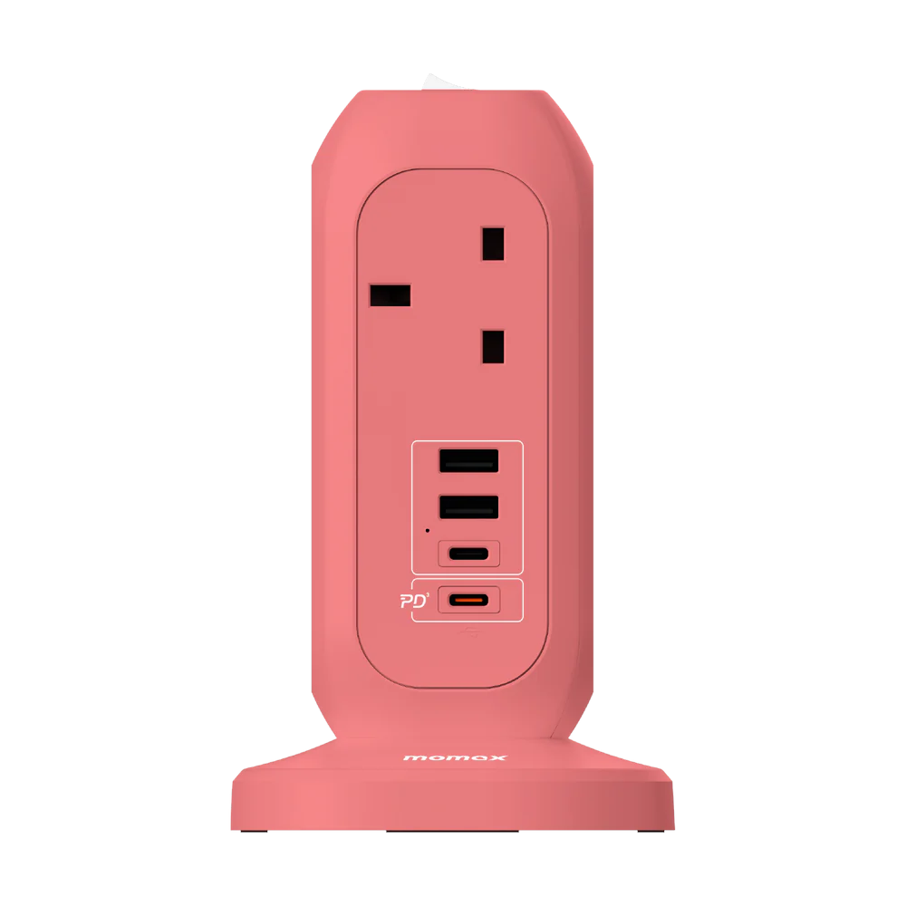 MOMAX OnePlug 20W 6.6ft/2metre 7Head Power Extension Socket w/2xUsb-A, 2xTypeC (Pink) #Us18UKp