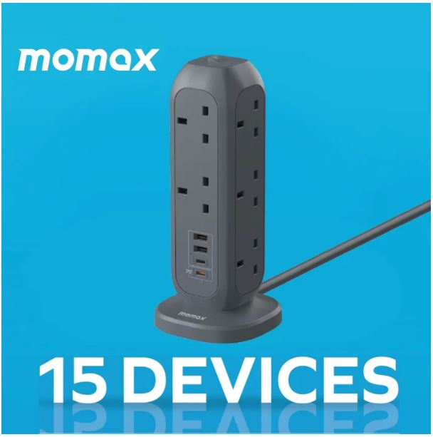 MOMAX OnePlug 6.6ft/2metre 11Head Power Extension Socket w/2xUsb-A, 2xTypeC (Black) #Us11UKE