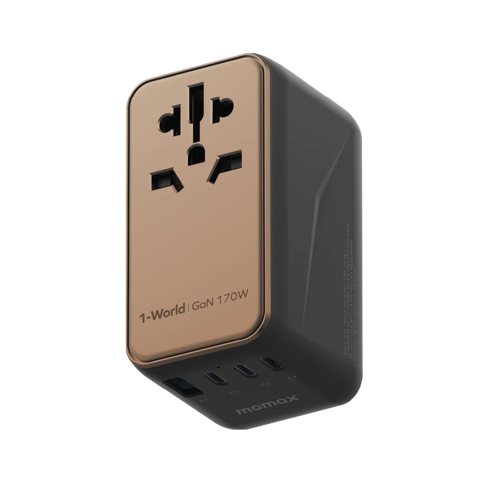 MOMAX 1-World GaN Travel Charger (170W, 4port, PD, Usb-A, 3xTypeC, Sandstone) #UA17UKD