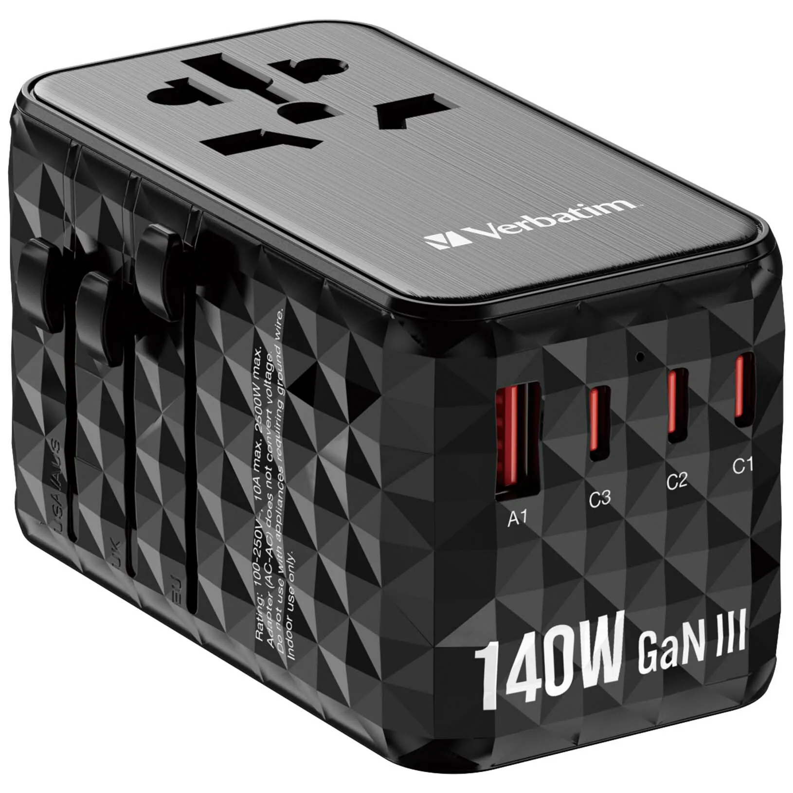 Verbatim GaN3 Travel Charger (140W, 4port, Usb-A, 3xTypeC, Black) #32125