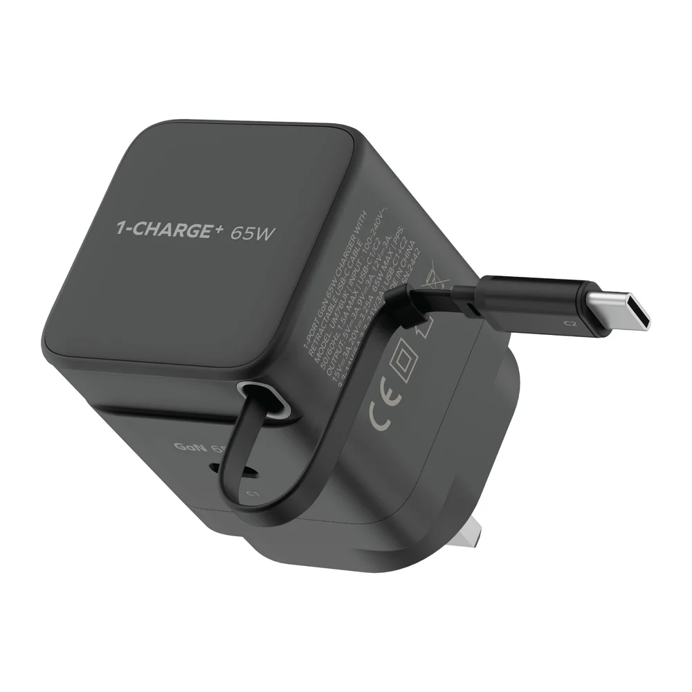 MOMAX 1-CHARGE+ GaN Usb Charger w/Type-C cable (65W, 1port, PD,TypeC, Black) #UM76UKD