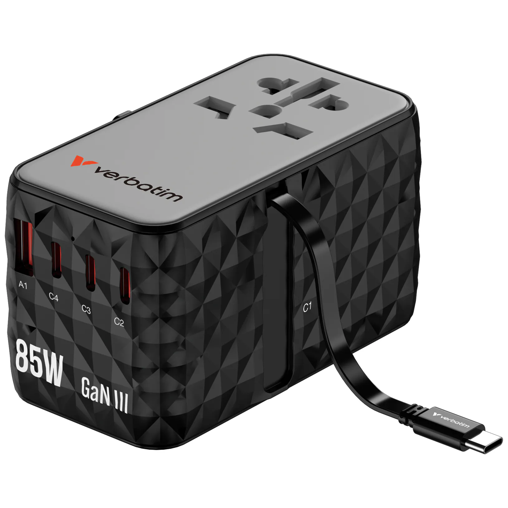 Verbatim GaN III Travel Charger w/Cable (85W, PD ,4port, Usb-A, 3xTypeC, Black) #32127