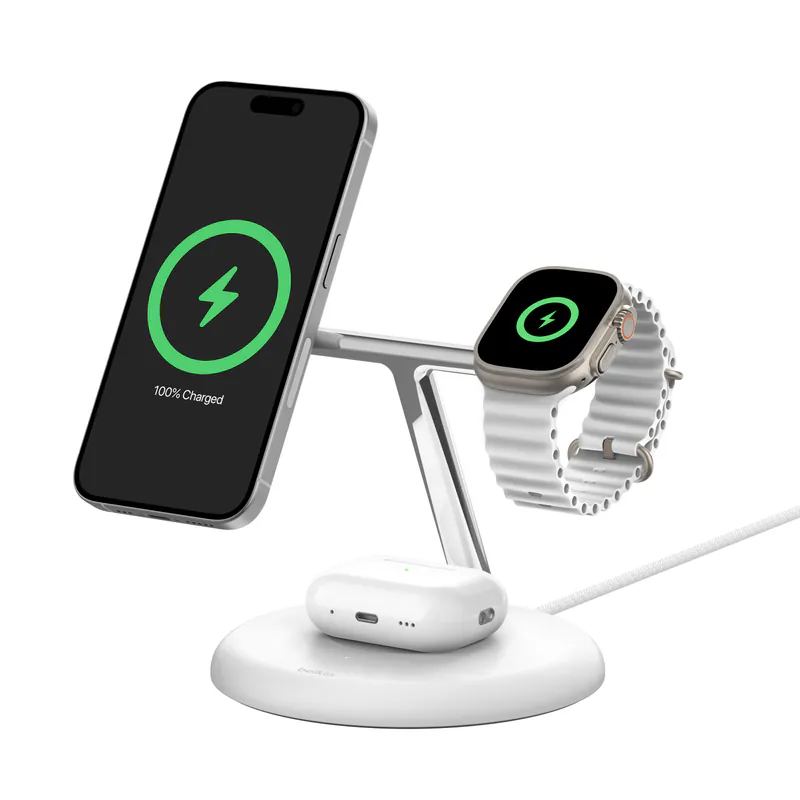 Belkin BoostCharge Pro Qi2 3in1(iPhone, Watch & AirPods) Magnetic Qi2 Wireless Charger Stand (White) #WIZ023myWH