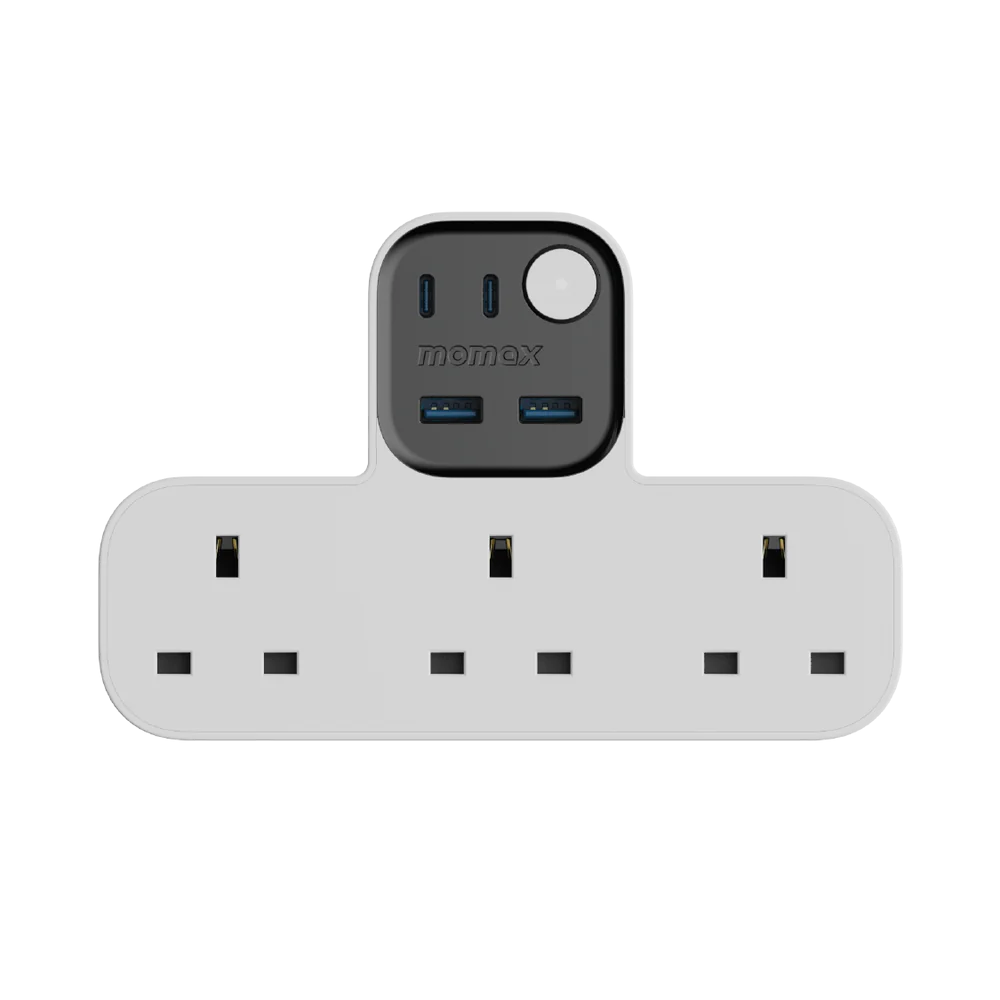 MOMAX 1-Charge Work Flow 3Head T-shaped Extension Socket w/2xUsb,2xTypeC Charger (White) #US19UKW