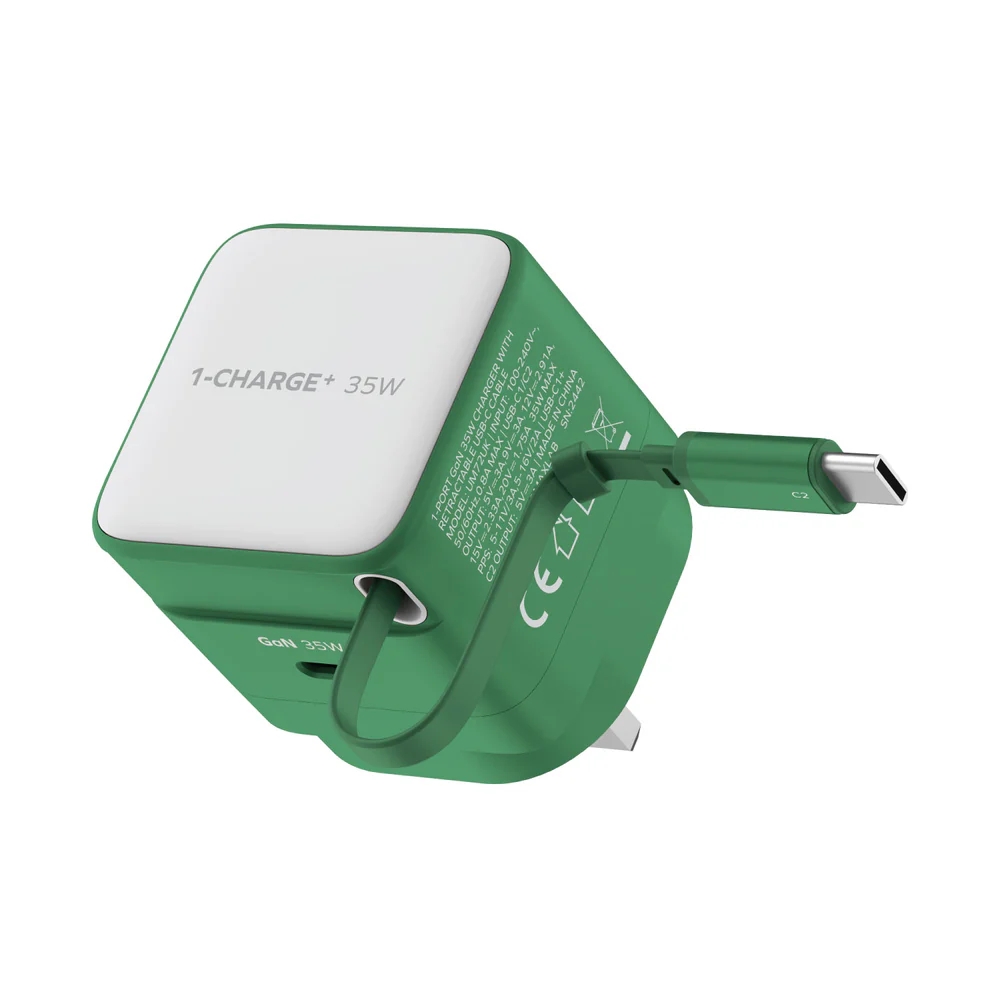 MOMAX 1-CHARGE+ GaN Usb Charger w/Type-C cable (35W, 1port, PD,TypeC, Green) #UM72UKG