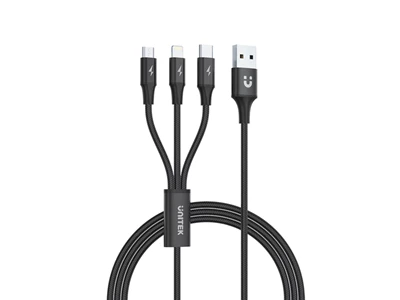 Unitek 4ft/1.2metre Usb-A to Micro-Usb+Type-C+Lightning Usb Cable (Black) #C14049BK