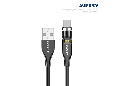 SuperV CL100 三合一 Lightning+Type-C+Micro USB 磁吸可旋轉充電線 100cm (黑色) #CL100-BK