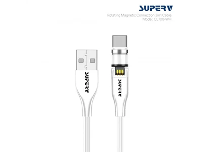 SuperV CL100 3ft/1metre Usb-A to Micro-Usb+Type-C+Lightning Usb Cable (Magnetic) (White) #CL100-WH