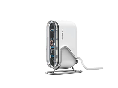 MOMAX 1-Charge Flow GaN Usb Charger (80W, 4port, PD, 2xTypeC, White Clear) w/stand #UM53UKW