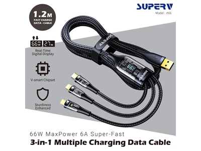 SuperV RT66 4ft/1.2metre USB-A to Micro-Usb+Type-C+Lightning Usb Cable PD (66W) (Black) #RT66