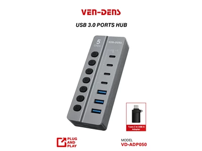 Ven-Dens 7位 USB3.0 3xUsb-A , 4xUsb-C 獨立開關分線器  連 Usb-C轉接頭 #VD-ADP050-Grey