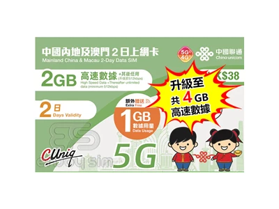 中國聯通 5G 中國, 澳門 2天 4GB-Data Travel 數據卡 #4895100801390