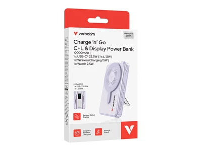 Verbatim Charge'n'Go 10000mAh 雙線LED 無線磁吸行動電源 (紫色)  #32281 #32281 (QR,CCC)