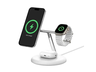 Belkin BoostCharge Pro Qi2 3in1(iPhone, Watch & AirPods) Magnetic Qi2 Wireless Charger Stand (White) #WIZ023myWH