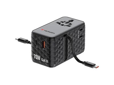 Verbatim Charge'n'Travel Diamond GaN 70W 通用旅行轉插連雙USB-C可伸縮充電線 (黑色) #30186