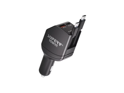 SuperV G04 Car Charger w/Retractable Usb-C cable (90W, 2port, Usb-A, Usb-C, Black) #G04