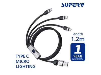 SuperV RT52 4ft/1.2metre Type-C+Usb-A to Micro-Usb+Type-C+Lightning Usb Cable (Black) #RT52